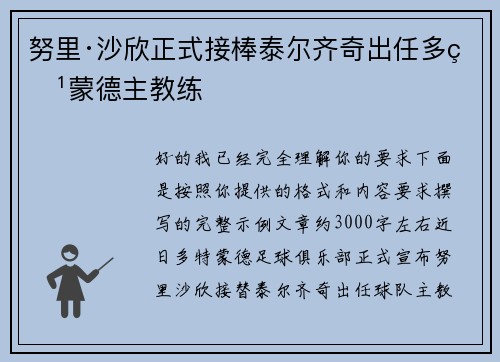 努里·沙欣正式接棒泰尔齐奇出任多特蒙德主教练
